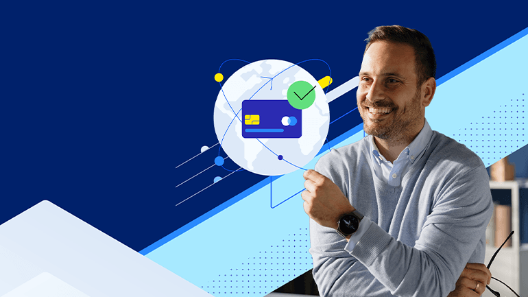 Man smiling with graphic of credit card and checkmark