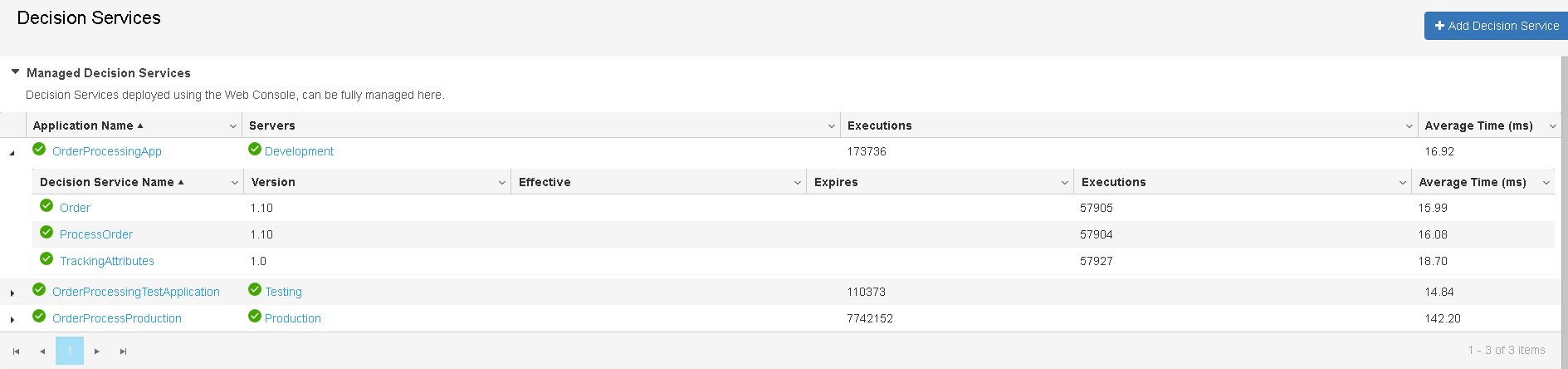 Corticon Web Console - Discovered Decision Services