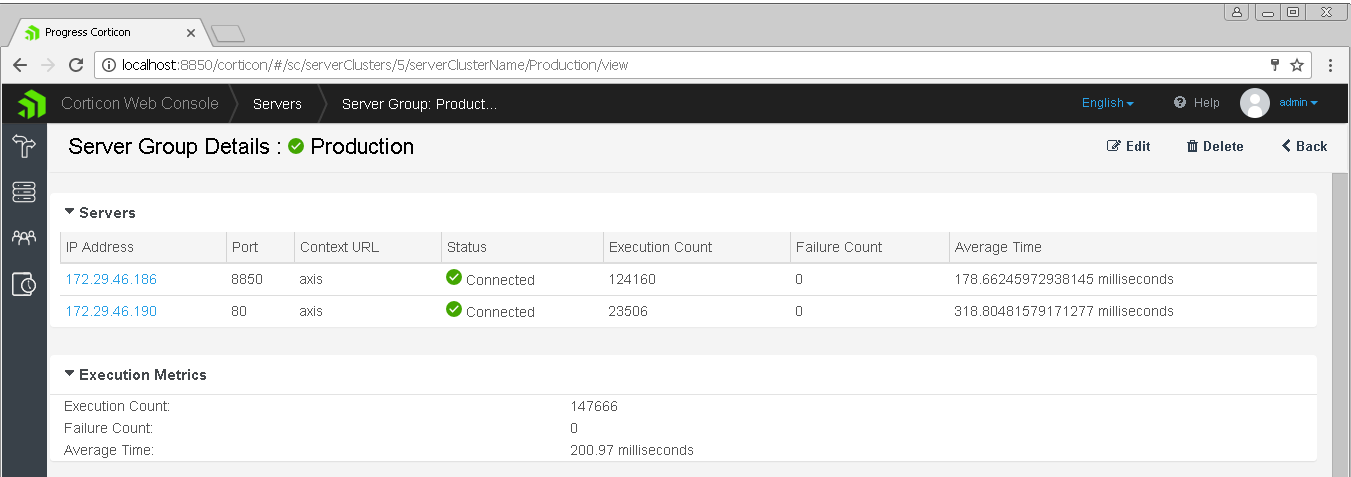 Corticon Web Console - Server Group Details
