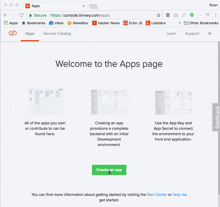 Create an app - Kinvey Console