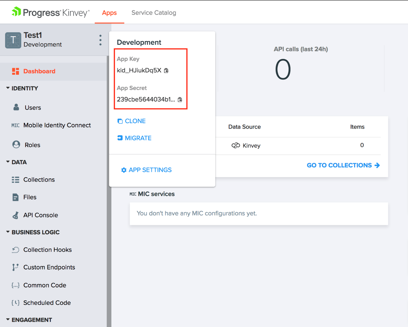 App Key App Secret Kinvey Console