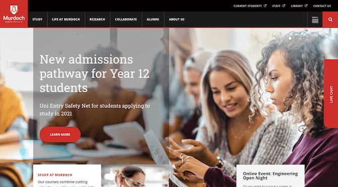 The homepage for Murdoch University quickly invites interested Year 12 students to learn more about studying at the school.