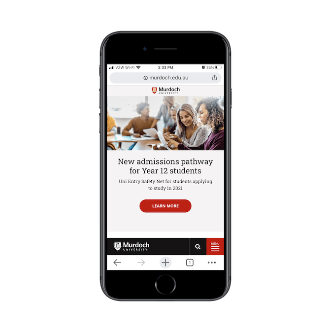 The mobile homepage for Murdoch University is designed to cater to the Gen Z target audience with an engaging slider element and bottom-aligned navigation within the thumb-zone.