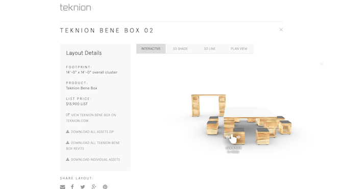 The Teknion planning tool lets shoppers interact with its inventory — like the Teknion Bene Box 02 — viewing it from different angles and in different formats.