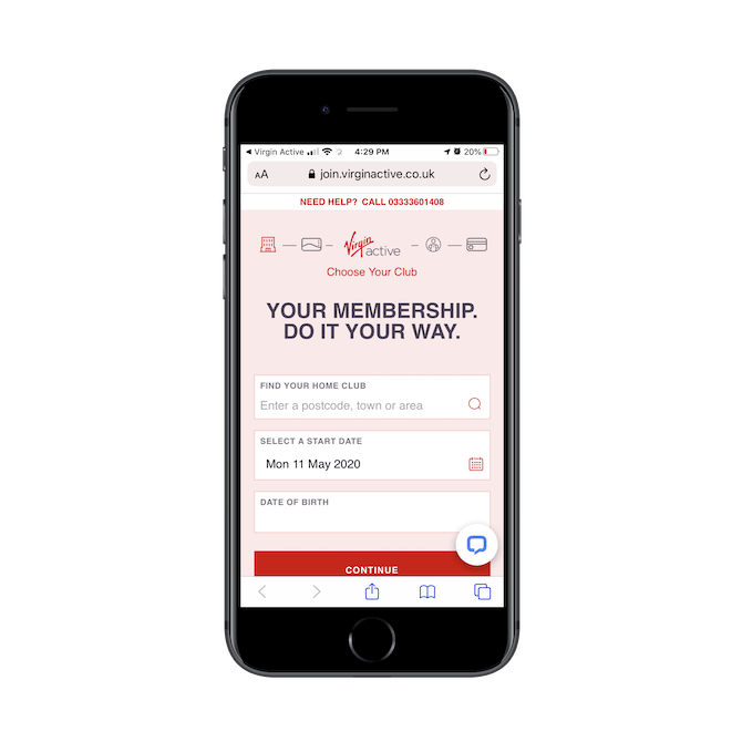 The membership intake form for Virgin Active UK, as seen on mobile. It asks for the preferred home club, start date, and birthday.