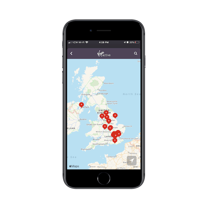 Virgin Active’s mobile app helps new customers find their home location using an interactive map of the United Kingdom.