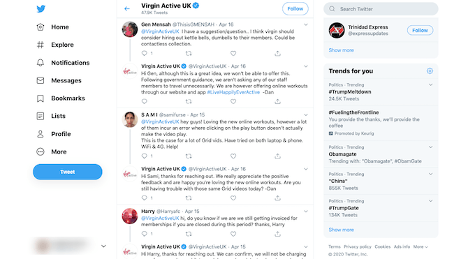 Virgin Active UK regularly monitors and responds to feedback, questions, and complaints on its Twitter page.