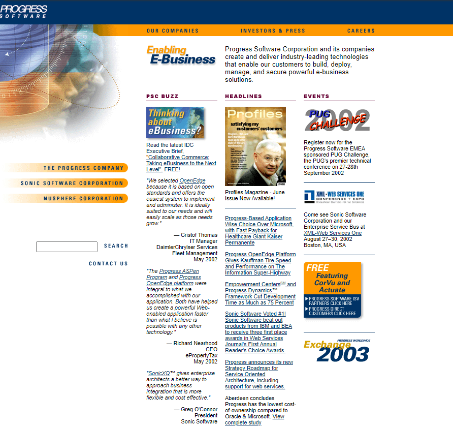 Progress Software Homepage Website Design in 2003