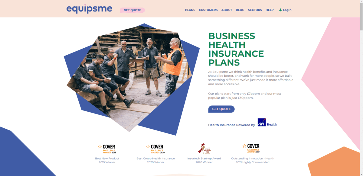 A screenshot from the Equipsme homepage shows a variety of colorful polygonal shapes on it. There’s a blue shape behind the main hero image. There are also light pink, orange, and dark blue shapes framing the text on the page..