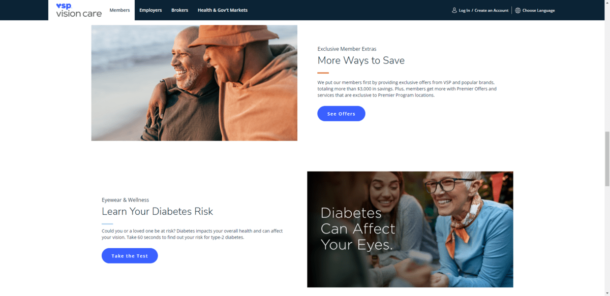 A screenshot from the VSP home page. There are two sections shown. One says “Exclusive Member Extras - More Ways to Save”. The other says “Eyewear & Wellness - Learn Your Diabetes Risk”.