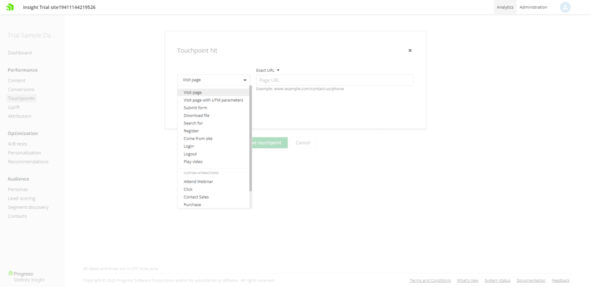 In Sitefinity Insight, users can create new touchpoints. They can create them for events like visit a page, submitting a form, downloading a file, logging in, playing a video, and more.