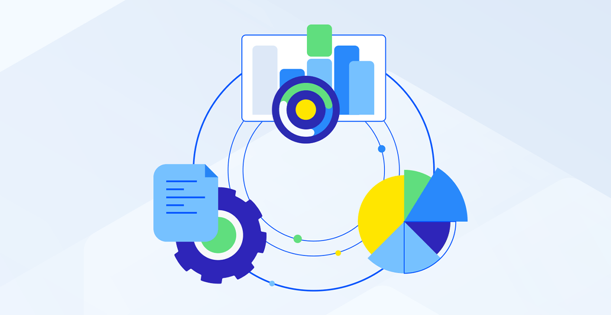 decorative graphic with gears and data charts