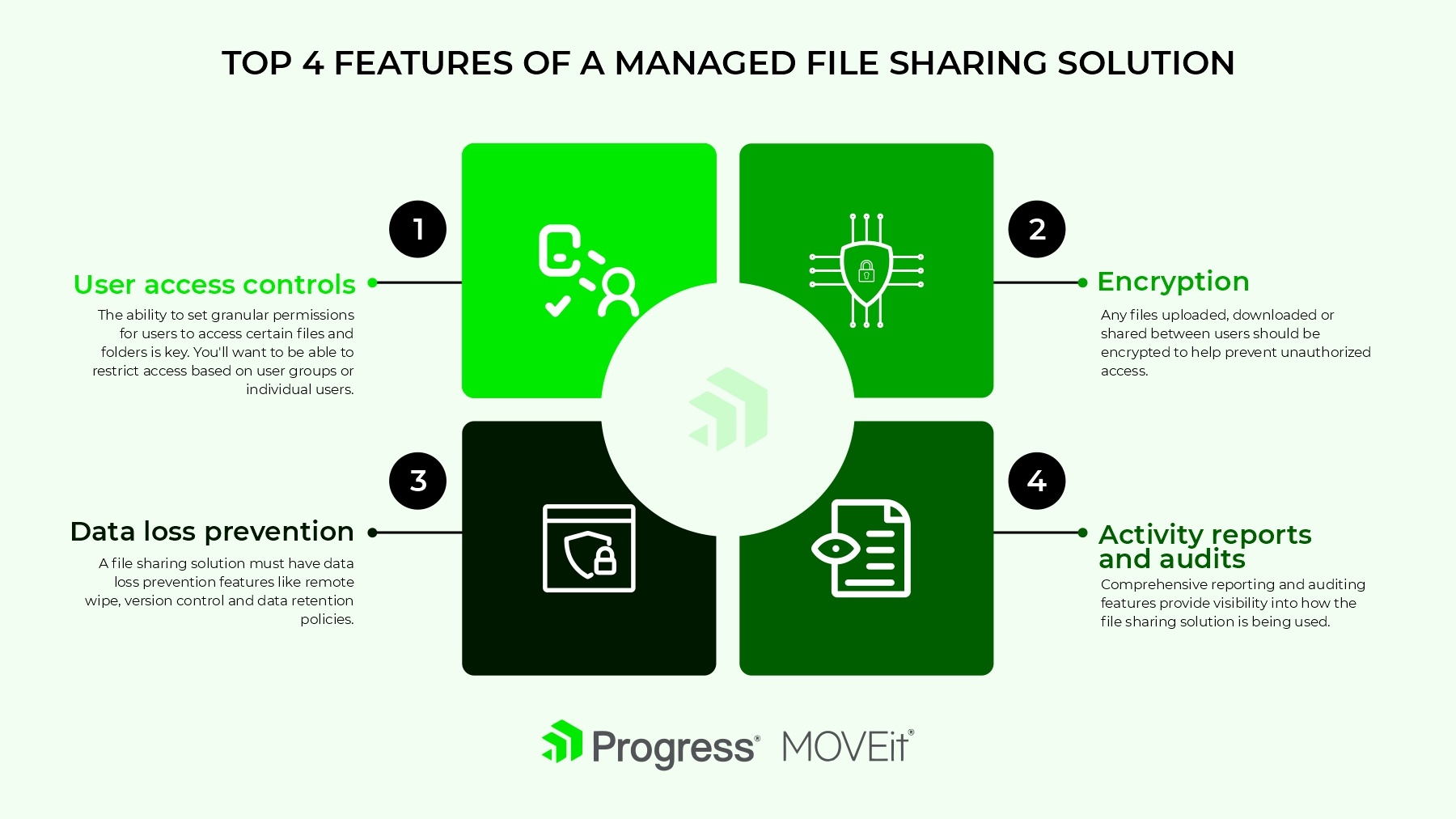 Top-4-Funktionen einer verwalteten File-Sharing-Lösung: Benutzerzugriffskontrolle, Schutz vor Datenverlust, Verschlüsselung, Aktivitätsberichte und Audits