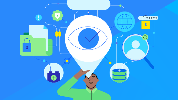 Graphic of man looking up through figurative periscope