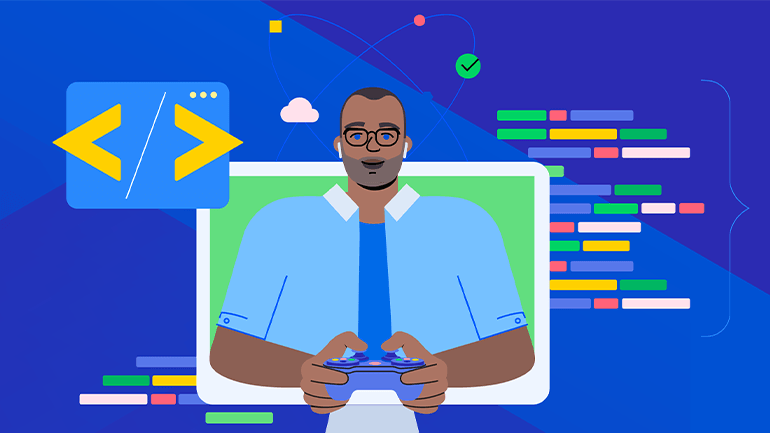 Graphic of gamer surrounded by code snippets