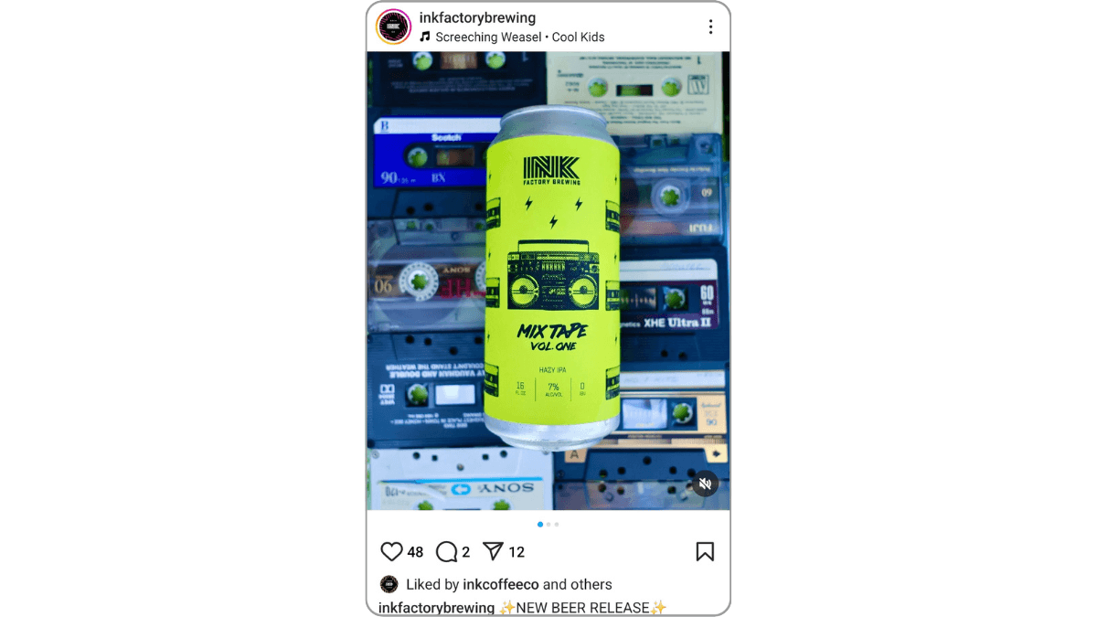 On Instagram, @inkfactorybrewing announces a new beer release called Mix Tape Vol. One. To go along with the 80s/90s reference, there are a bunch of old school cassette tapes in the background of the neon-yellow beer can.
