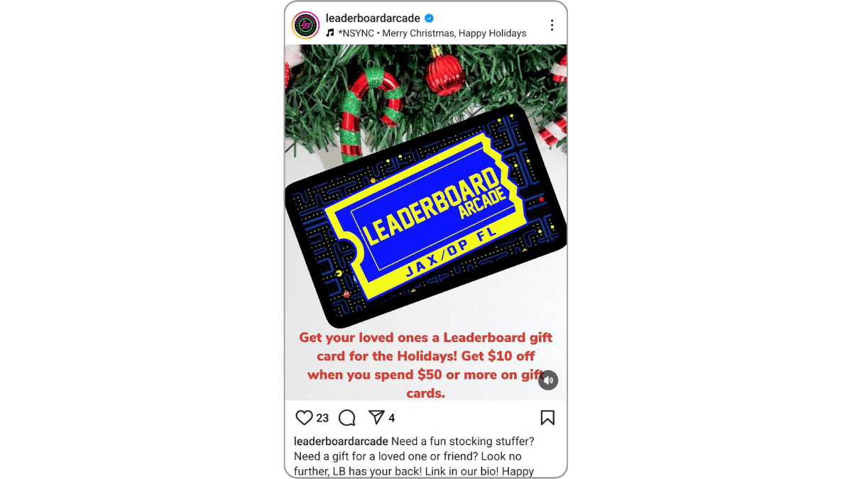 On Instagram, @leaderboardarcade promotes its gift cards over the holidays. In the background of the card appears a PacMan-type board. In the foreground is a blue and yellow movie ticket shape, reminiscent of Blockbuster’s logo.