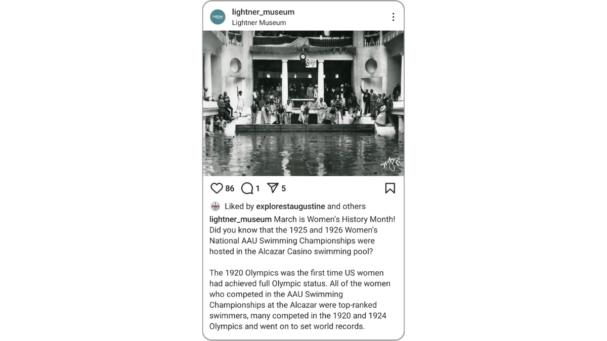 On Instagram, @lightner_museum shares a black-and-white photo of women in the 1920s about to jump into a pool, which was housed within the hotel and casino that predated the museum.