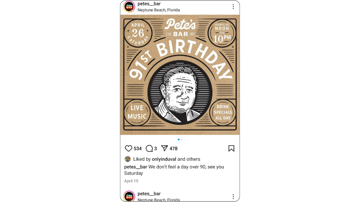 A 91st Birthday celebration post from the @petes__bar account on Instagram. The design is illustrated in a retro style with black and tons background colors and white typography.