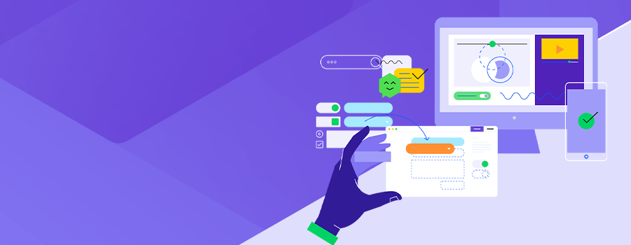 Illustration of a hand interacting with digital UI elements, including a monitor, smartphone, and floating interface components, symbolizing AI-powered content assistance and automation in digital design.