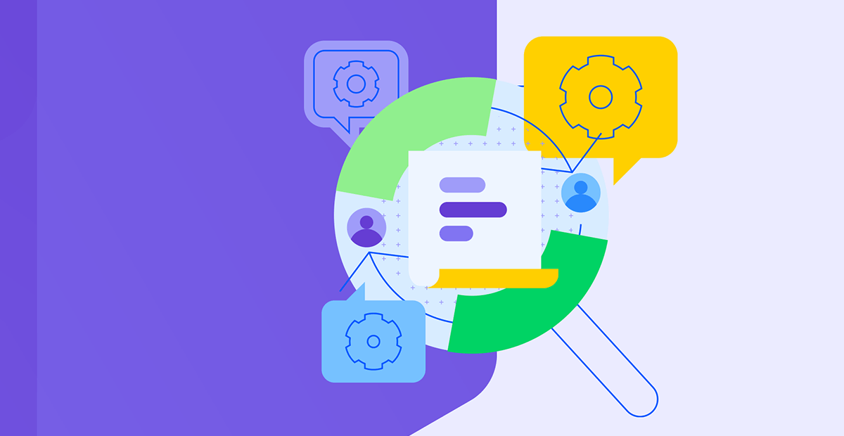 llustration of content discovery process with chat bubbles, gears, user icons and a magnifying glass symbolizing communication, settings and user engagement