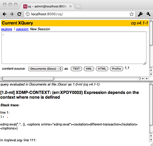 resulting error from typing typing "." at the top of your XQuery expression in CQ