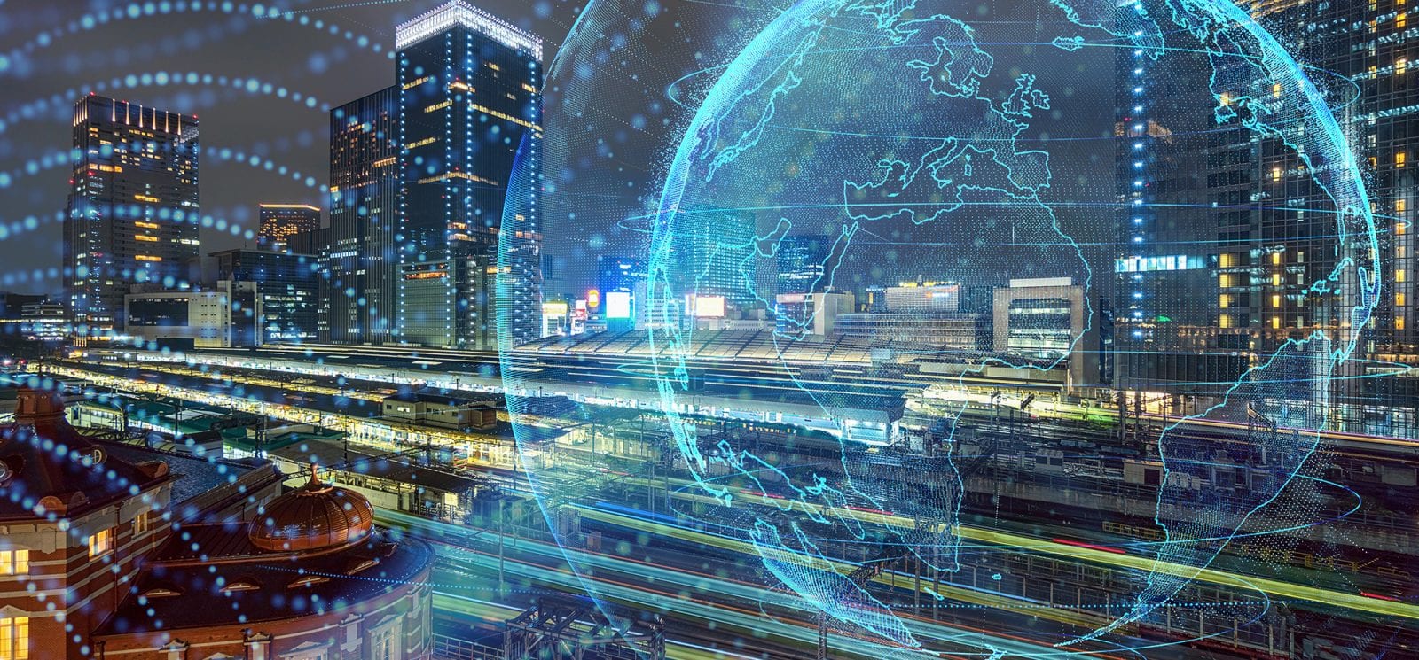 City at night with illustration of a global network