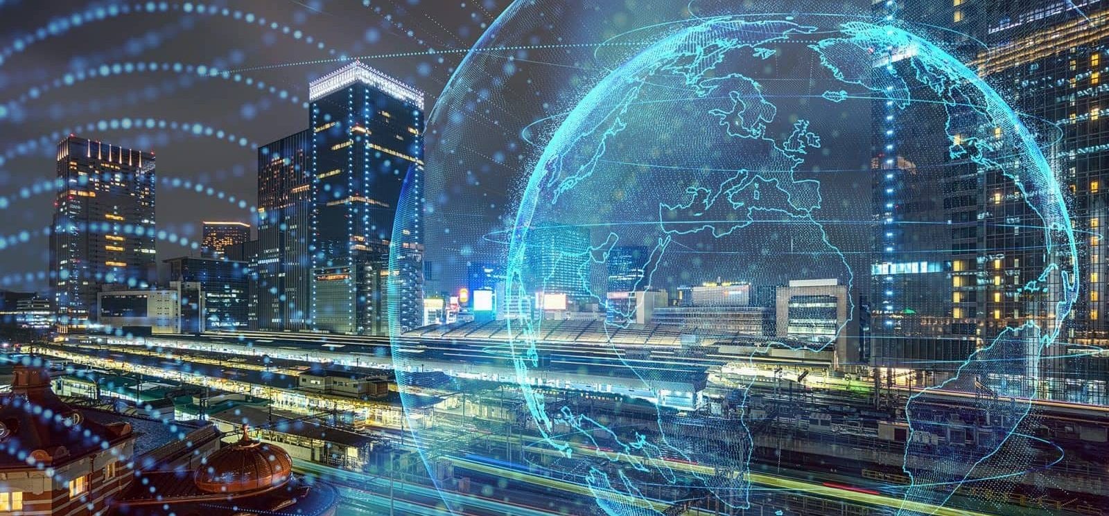 City at night with illustration of a global network