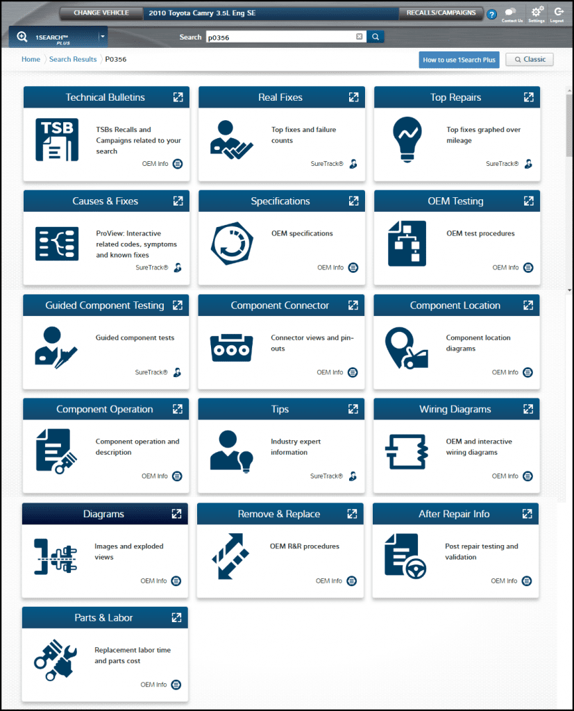 Screen capture from ProDemand application, showing the 1Search Plus feature.