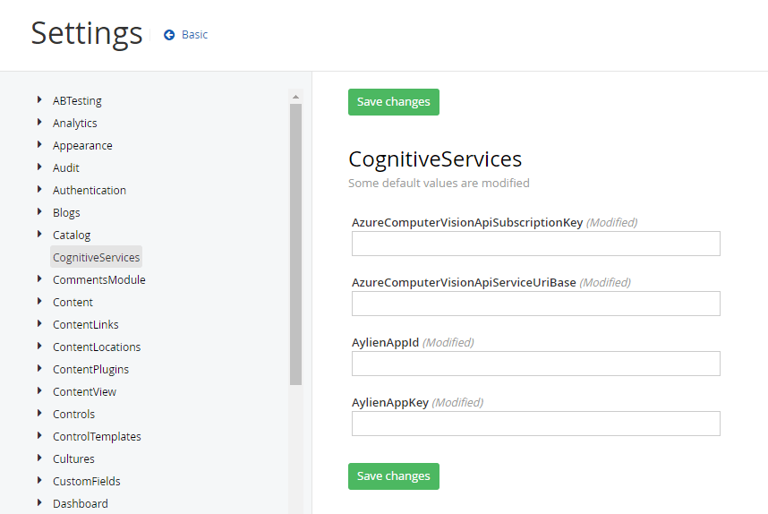 Sitefinity CognitiveServices Settings