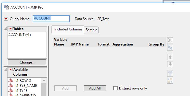 An ‘ACCOUNT’ window will appear with query name as well as the data source we selected. An ‘ACCOUNT’ window will appear with query name as well as the data source we selected.