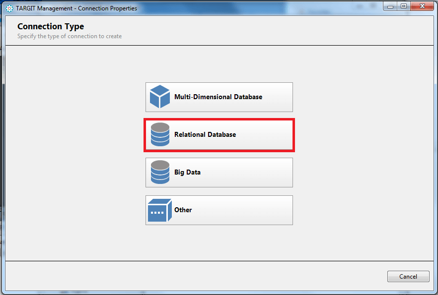 Choose "Relational Database" from the Connection Type window. Choose "Relational Database" from the Connection Type window.