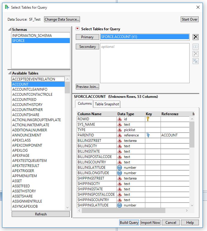 Drag the ‘ACCOUNT’ from the ‘Available Tables’ list and drop it into the ‘Primary’ section. Drag the ‘ACCOUNT’ from the ‘Available Tables’ list and drop it into the ‘Primary’ section.