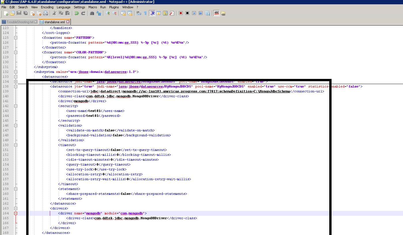 Screenshot of the standalone.xml 
