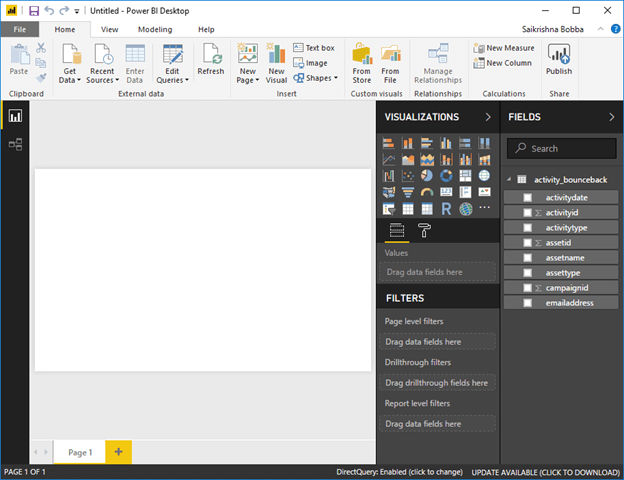 PowerBI; visualizations open; fields category; the activity_bounceback table fields are available