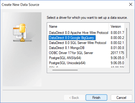 create new data source window; datadirect 8.0 google bigquery selected from a list of drivers