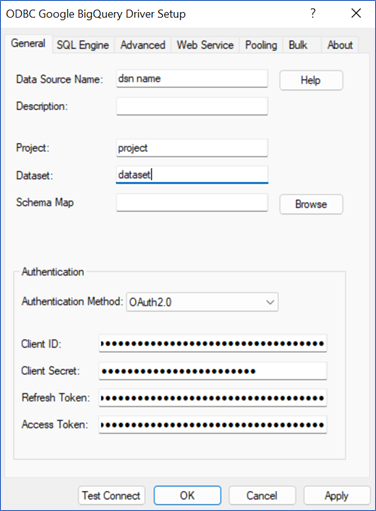 odbc google bigquery driver setup window; client id, client secret, refresh token and access token fields are filled in the authentication section, data source name is set to dsn name, project is set to project and dataset is set to dataset