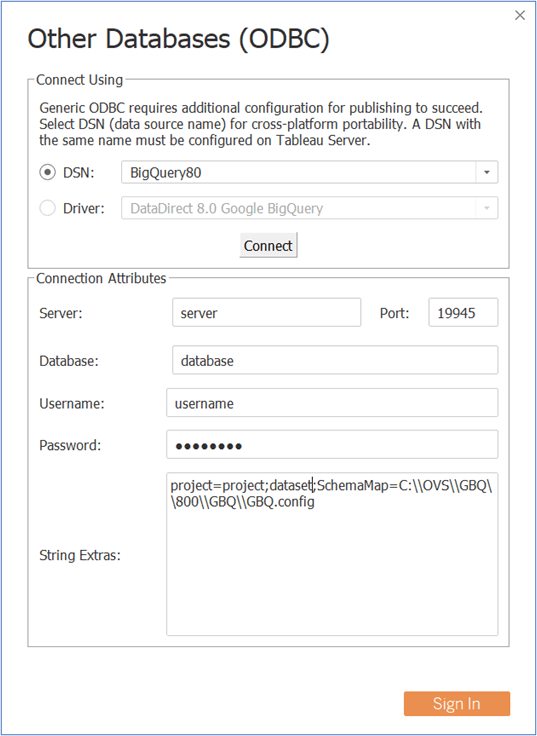 other databases odbc dsn set to bigquery80, server, database, username, password and string extras fields filled, port set to 19945