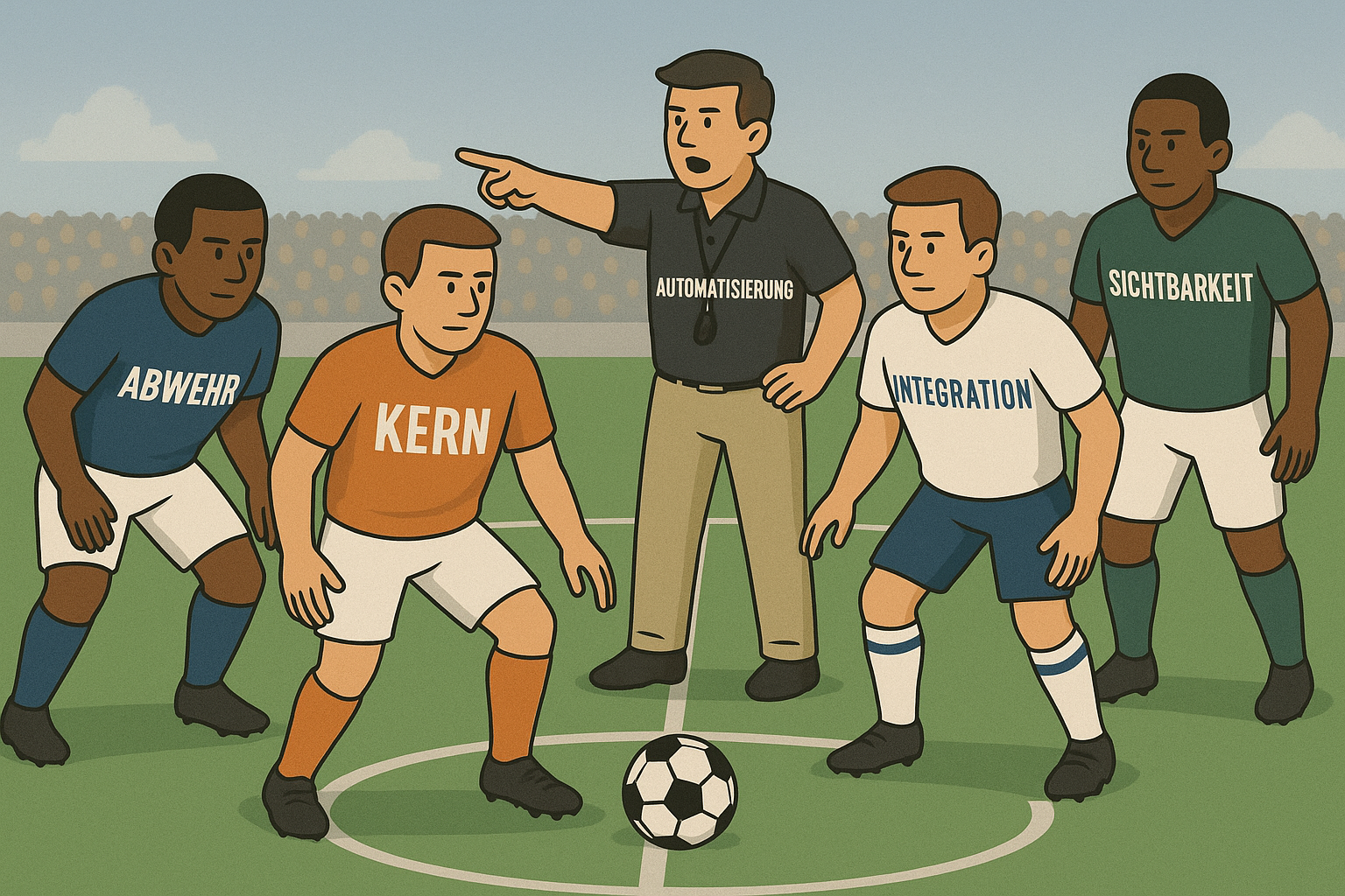Eine Cartoon-Illustration, die die Funktionen eines MFT-Tools als Fußballer personifiziert: Kern ist der Spielmacher (zentraler Mittelfeldspieler),die Abwehr-, Integrations- und Sichtbarkeitsfunktionen sind auf dem Feld. Die Automatisierungsfunktion wird durch den Trainer verkörpert.